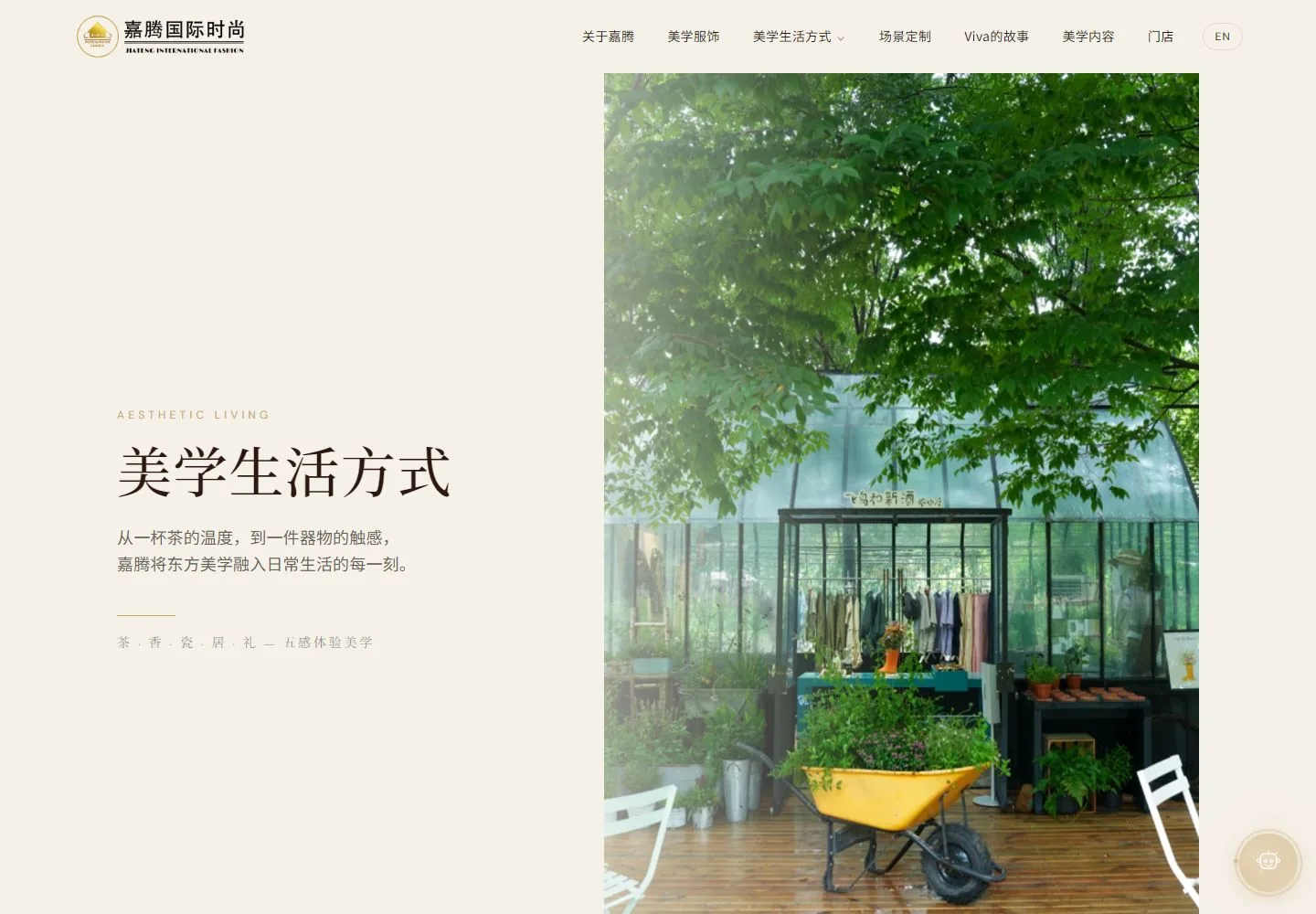 Lifestyle expressed through image and copy: actual live website interface