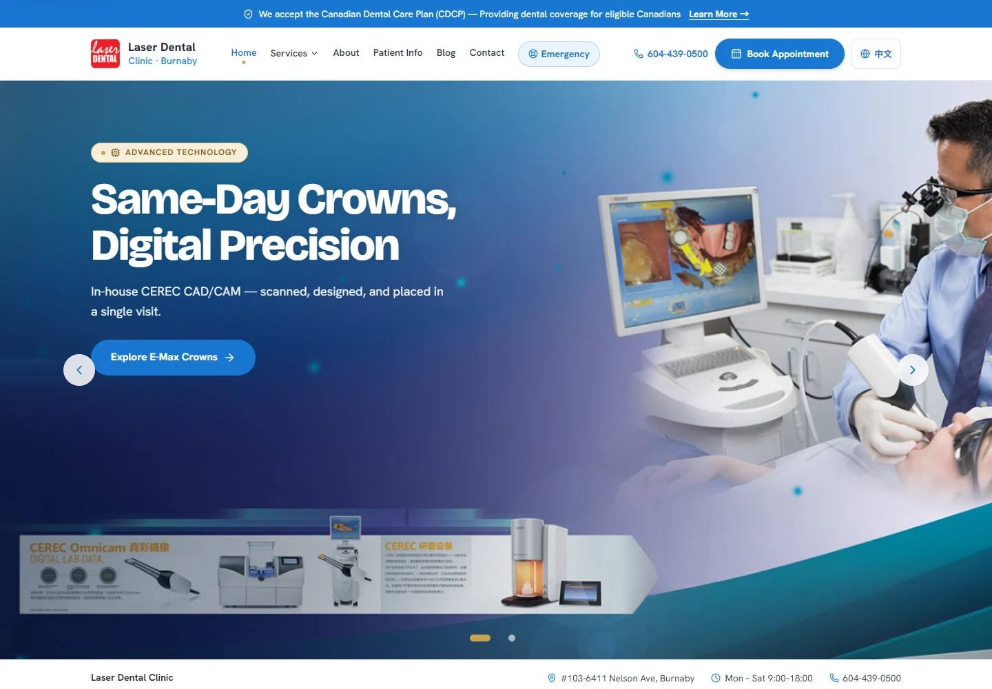 Laser Dental Clinic live English website homepage with dental technology imagery and booking links