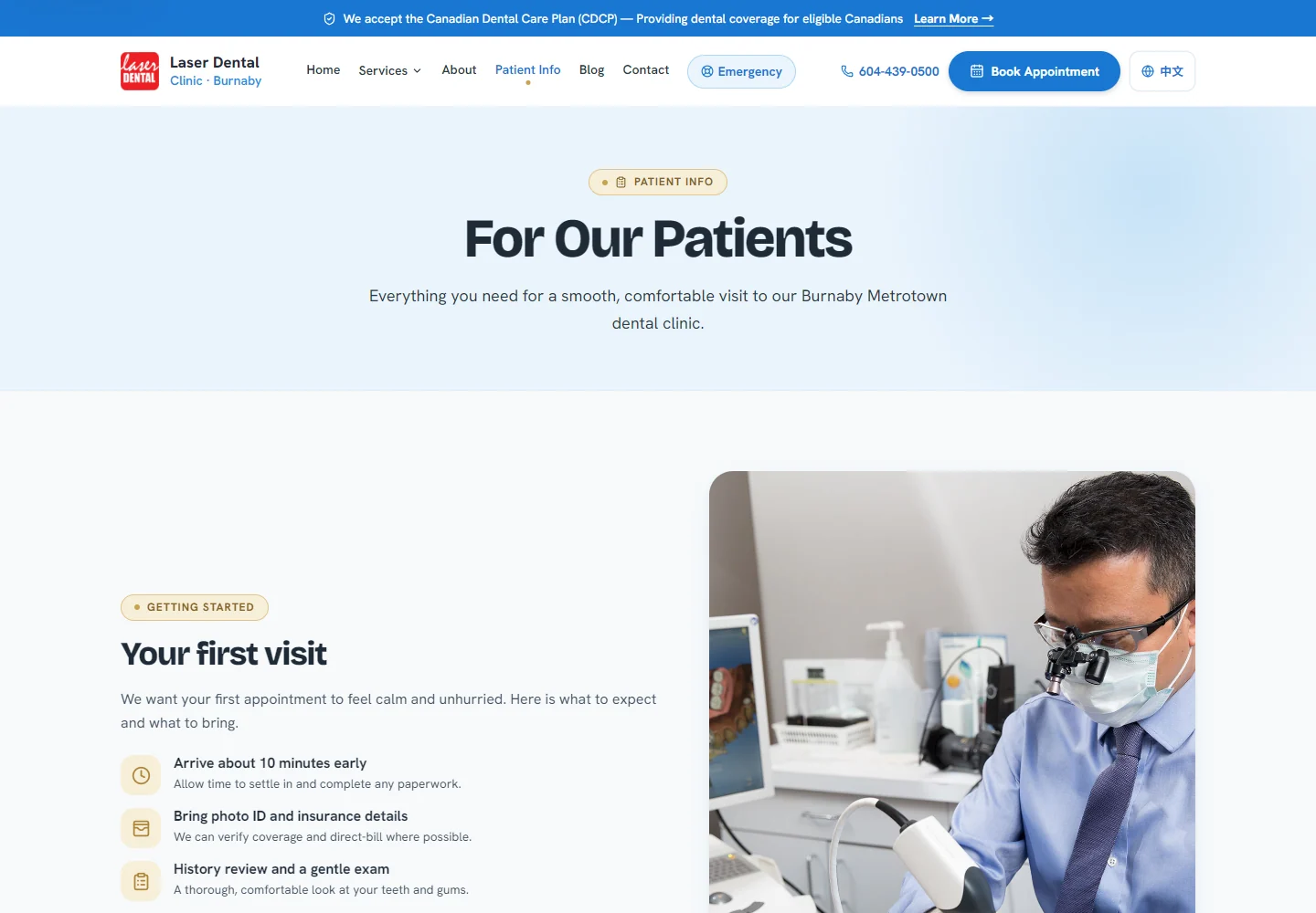 Laser Dental Clinic patient information page with first-visit preparation