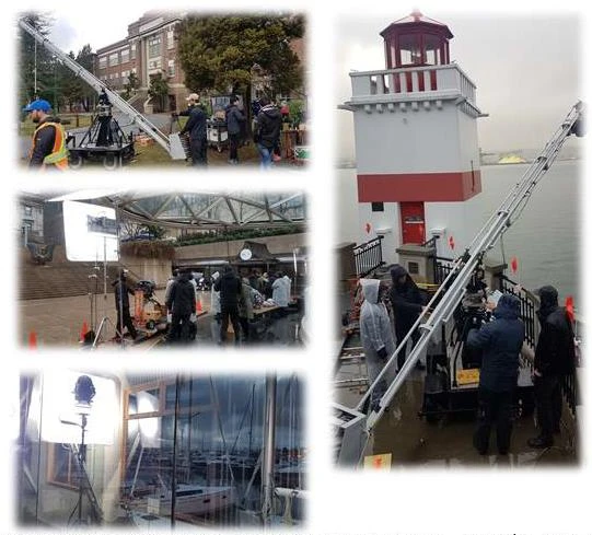 Historical Always With You location montage showing buildings, lighting equipment and production crew