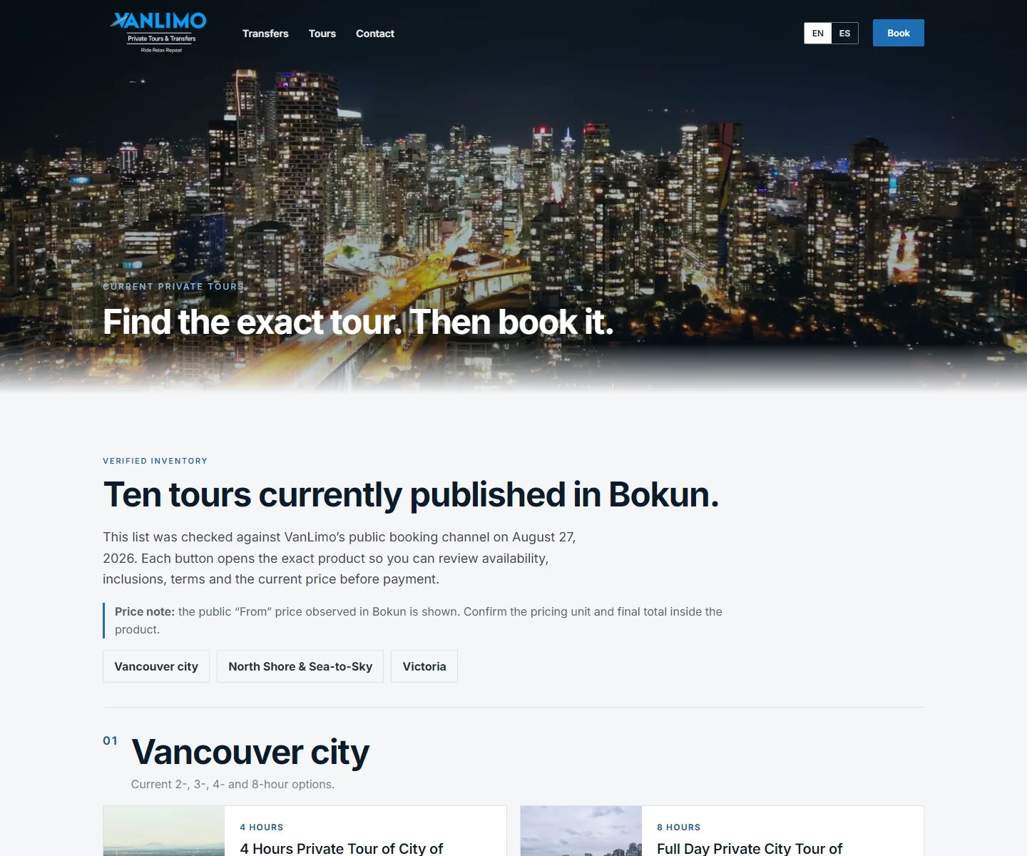 VanLimo website designed by Focus Media: Private tours: choose the destination and duration