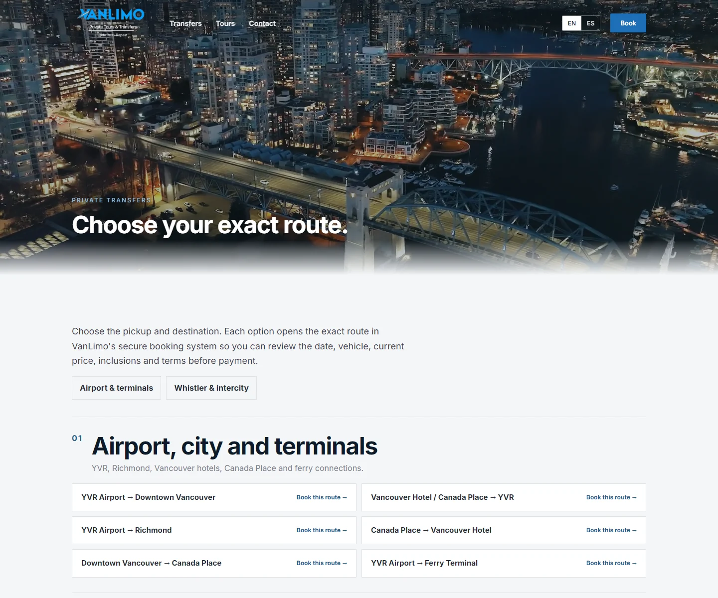 VanLimo website designed by Focus Media: Transfers: find the specific route