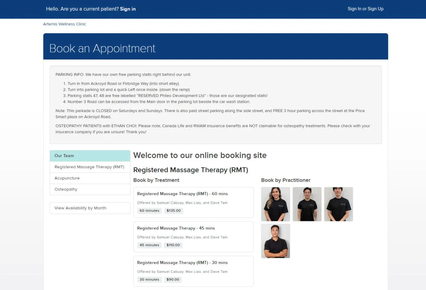Artemis Wellness Clinic Jane booking page showing treatments and practitioners