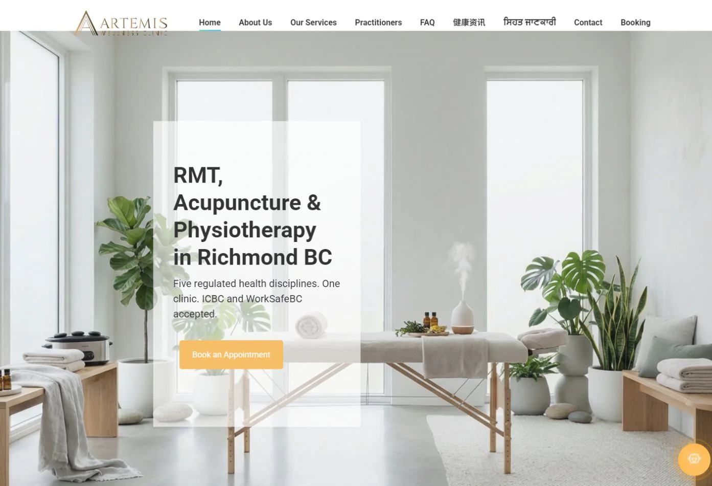 Artemis Wellness Clinic desktop homepage with Richmond healthcare services and booking call to action