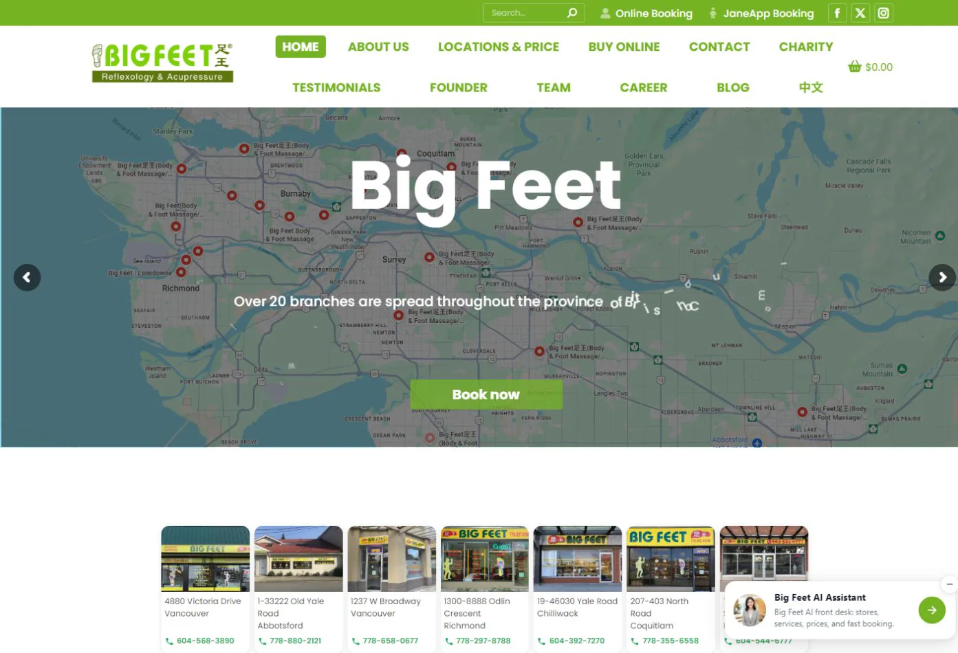Big Feet desktop homepage with Greater Vancouver location map, booking call to action and AI Assistant