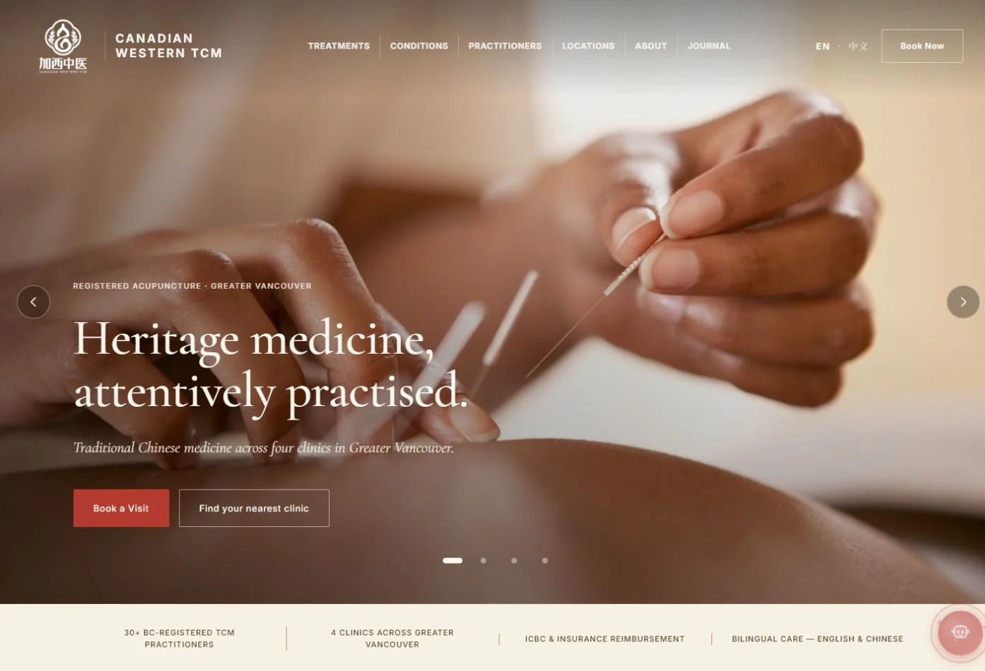 Canadian Western TCM desktop homepage with acupuncture visual, booking and nearest-clinic actions