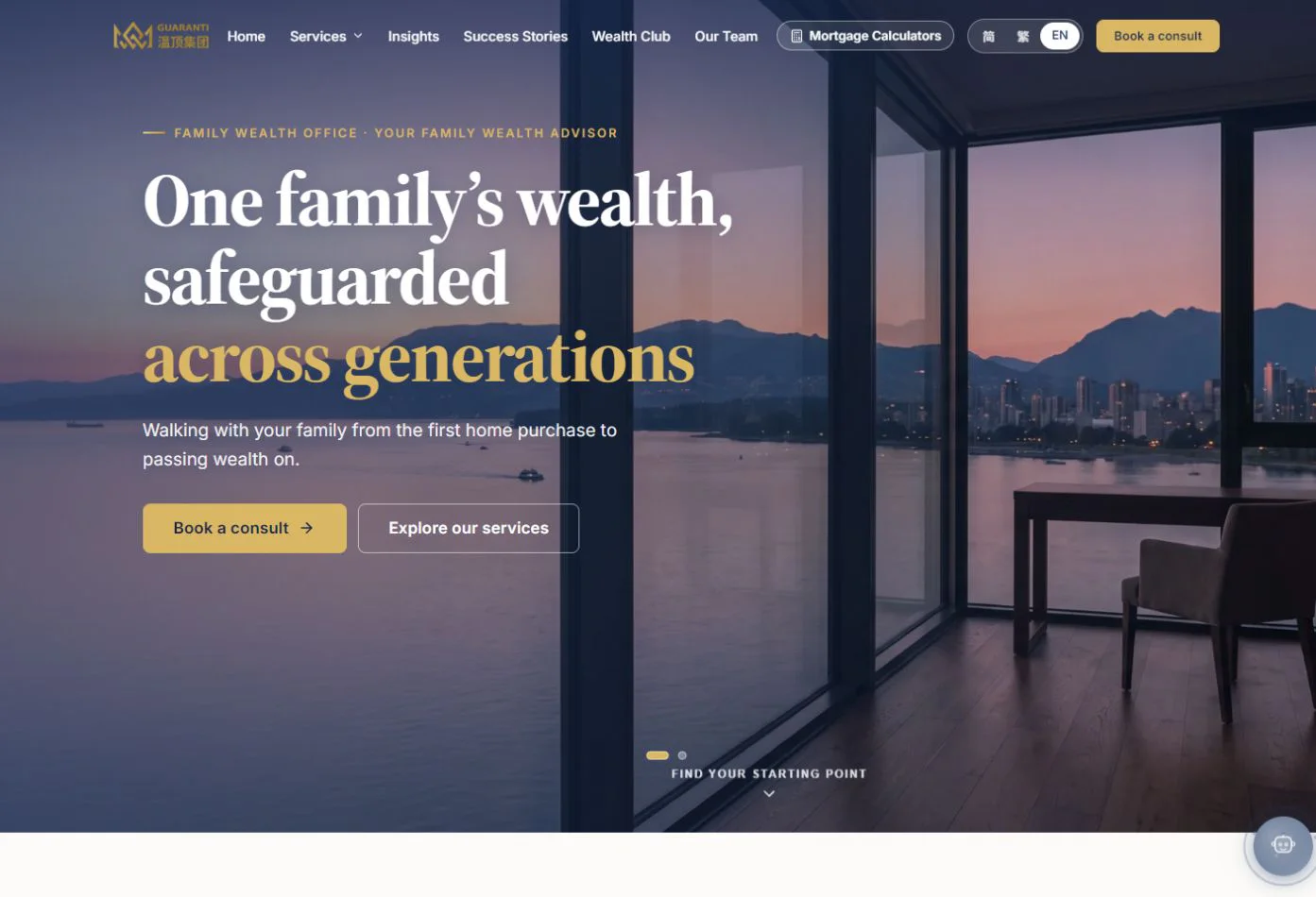 Guaranti English website homepage showing language choices, services and consultation calls to action