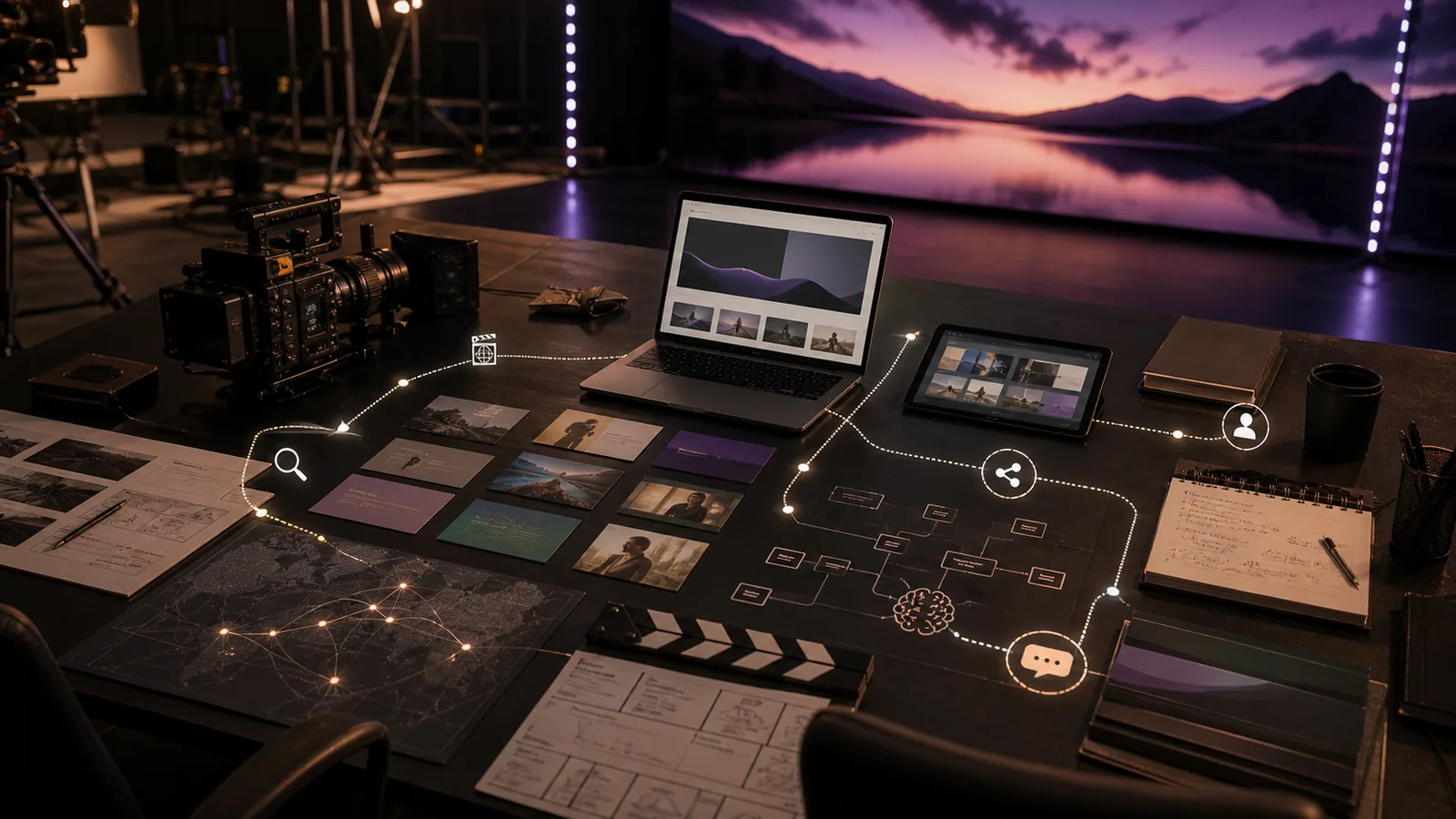Integrated business growth workstation connecting web, content, production, search and AI