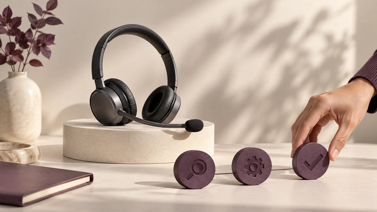 A charcoal customer-service headset on an ivory display platform, with purple test markers and a hand placing a marker