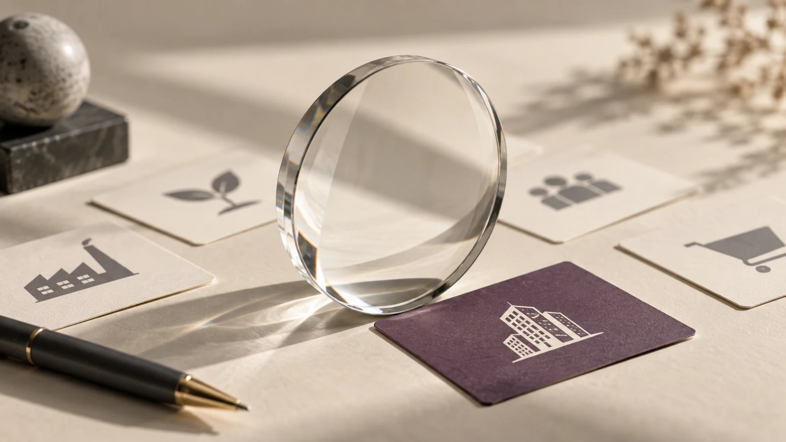 An editorial still life of ivory business cards, purple cards and a magnifying lens