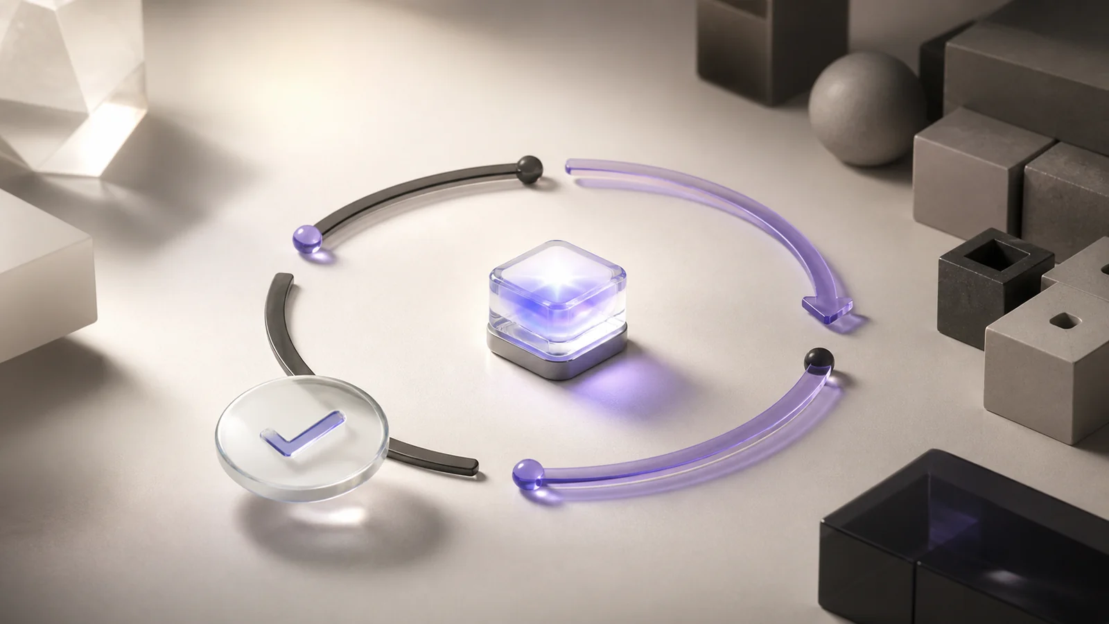 A luminous prototype, validation marker and feedback loop representing AI startup product validation
