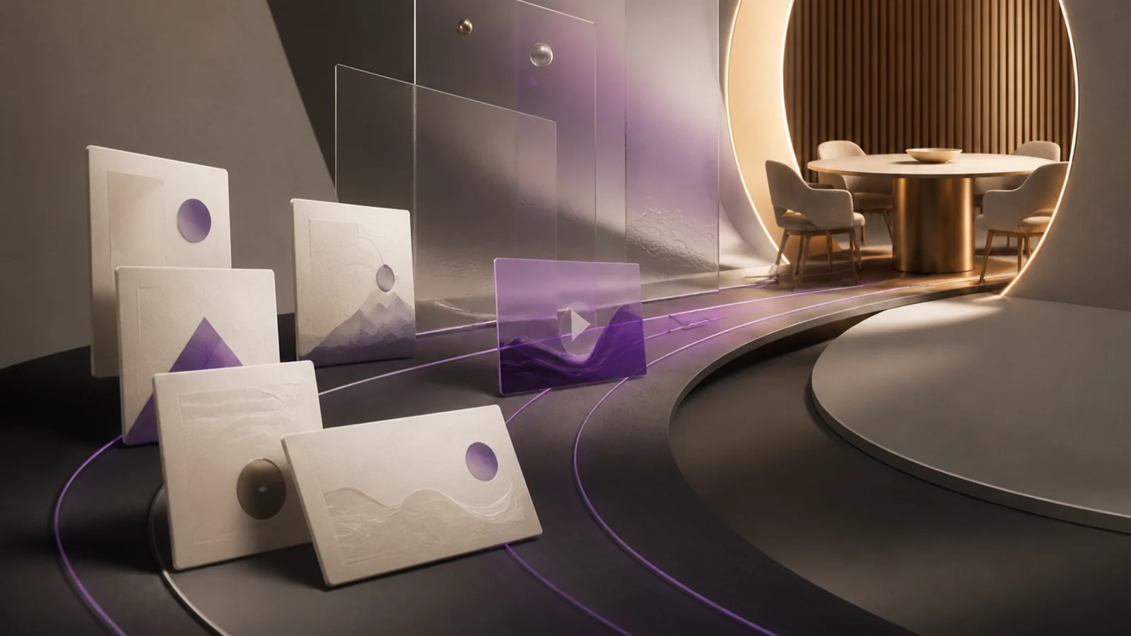 Editorial content cards travelling along connected paths toward a warm conversation space