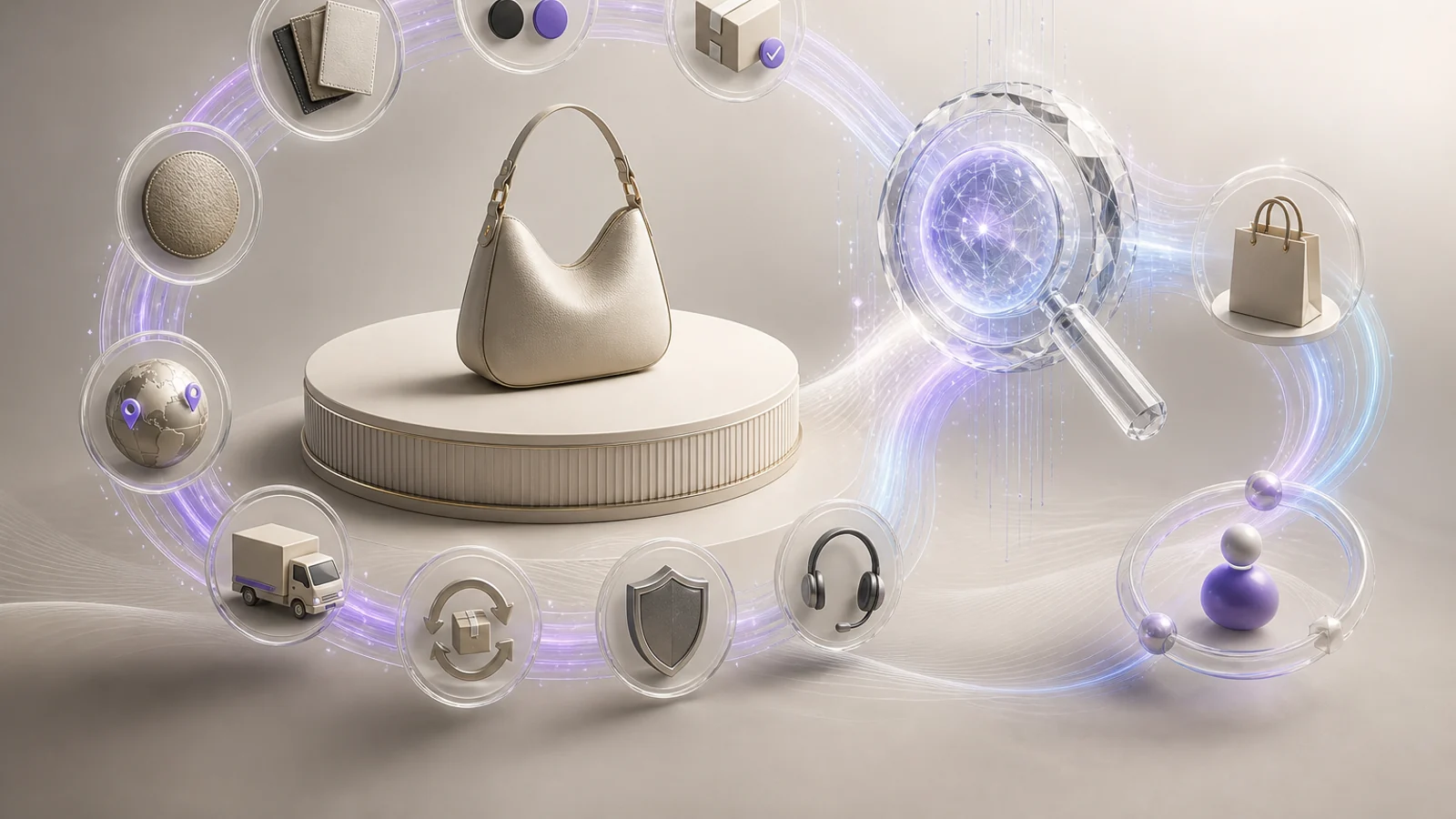 A product connected with material, variant, delivery, support and search signals in a cross-border commerce system