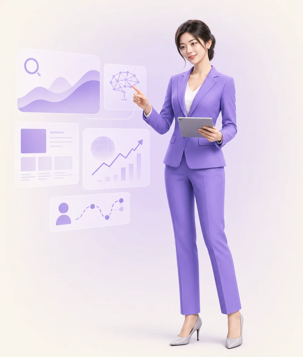 Focus Media Insights character reviewing search, AI, market trend and customer-decision signals