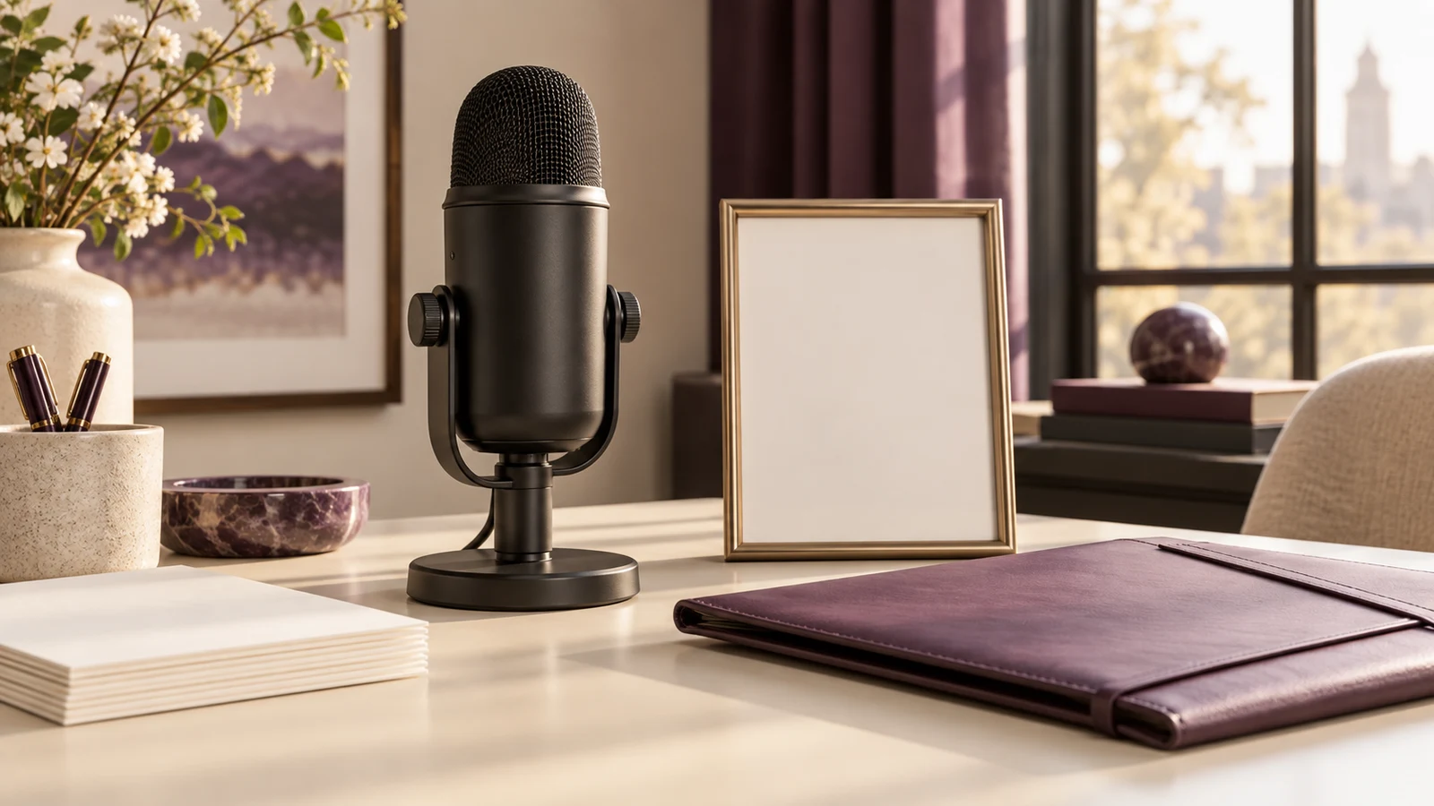 Conceptual still life with a microphone, a blank picture frame, a purple folder and a stack of cream paper